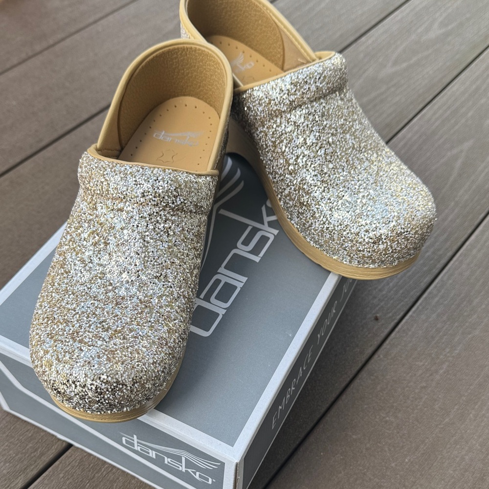 Dansko  Glitter Clogs - Gold and Tan